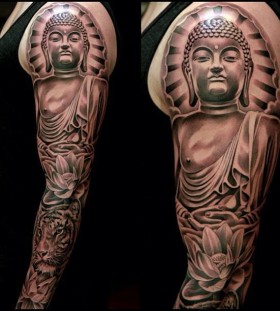 Awesome buddha full arm tattoo