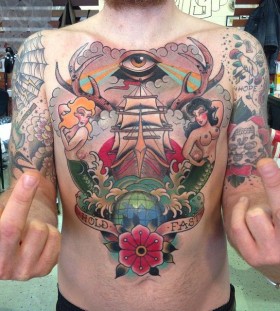 Awesome chest tattoo by Clare Hampshire