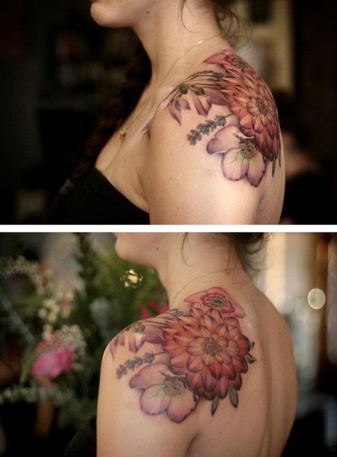 Awesome dahlia shoulder tattoo