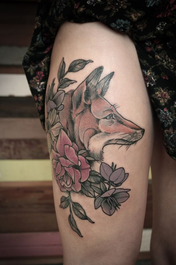 Awesome fox and flowers tattoo by Kirsten Holliday