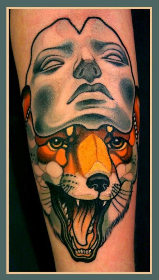 Awesome fox with mask tattoo by Lars Uwe Jensen