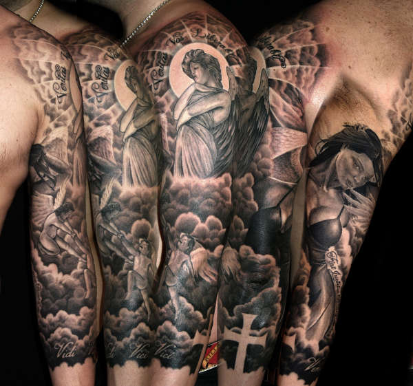 Awesome full arm cloud tattoo