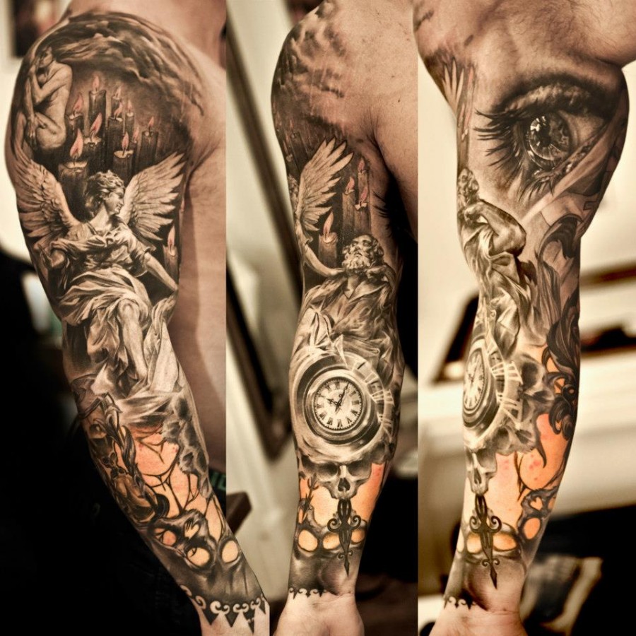 Awesome full arm pocket watch tattoo