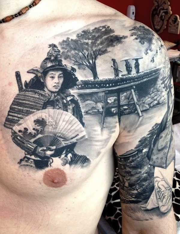 Awesome samurai chest and arm tattoo