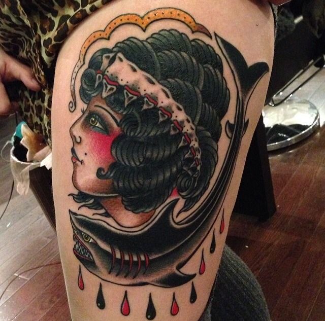 Awesome shark and woman tattoo by Nick Oaks