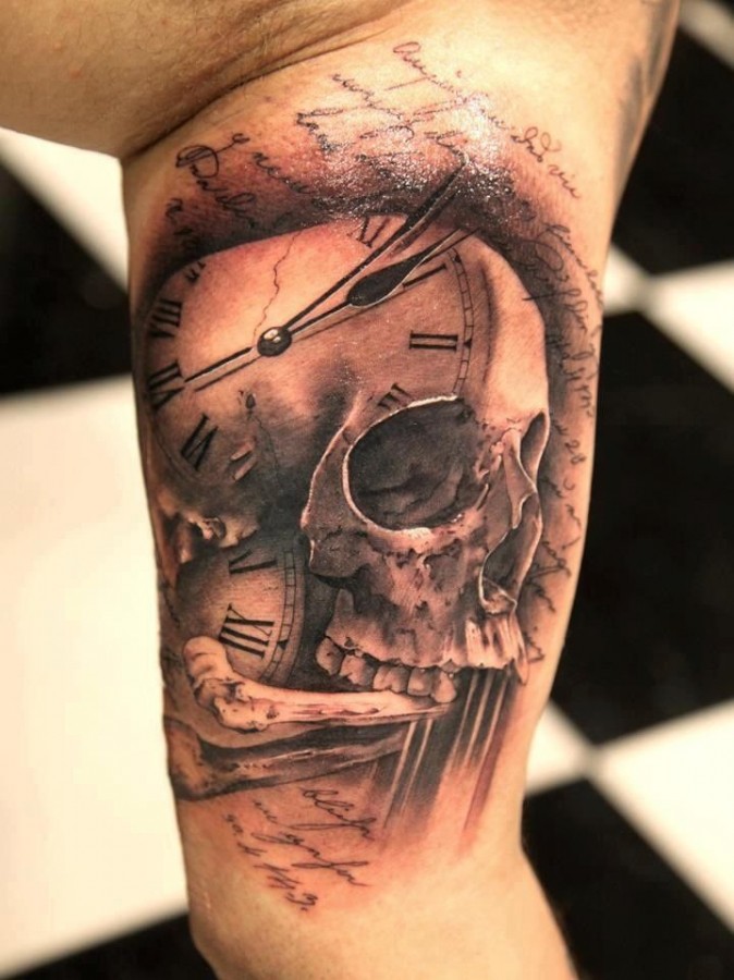 Awesome skull clock tattoo