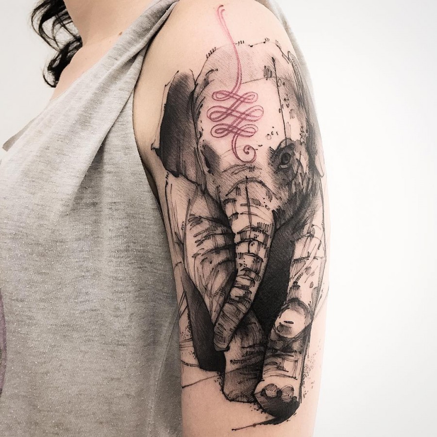 baby elephant sketch style tattoo by victor montaghini