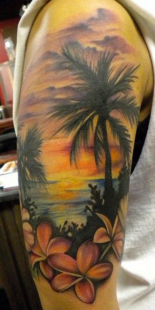 Beach and flowers tattoo by Amanda Leadman