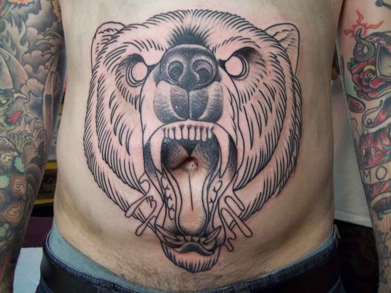 Bears head stomach tattoo, Stomach tattoos.