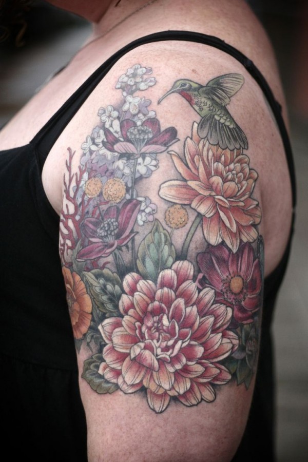 Beautiful flowers and bird tattoo by Alice Kendall