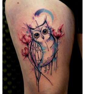 Beautiful watercolour owl tattoo by Tyago Compiani