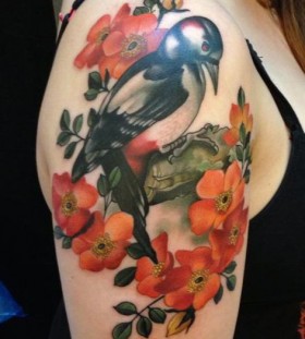 Bird and flowers tattoo by Amanda Leadman