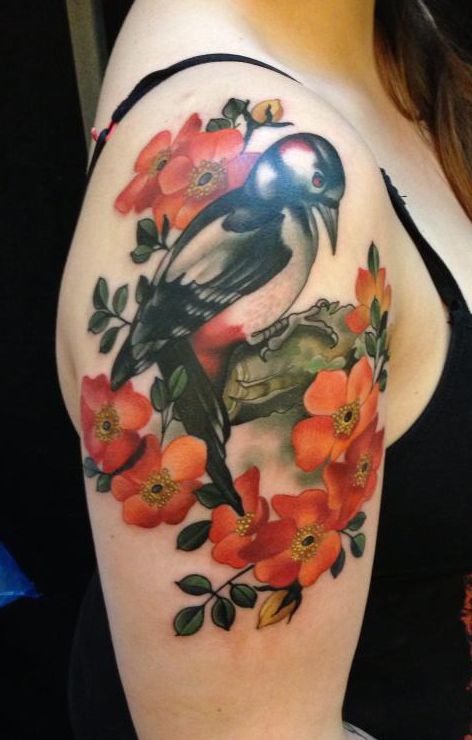 Bird and flowers tattoo by Amanda Leadman