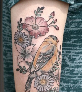 Bird and flowers tattoo by Kirsten Holliday