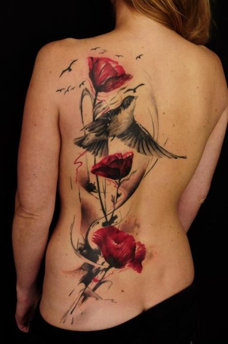 Birds and flowers back tattoo by Florian Karg