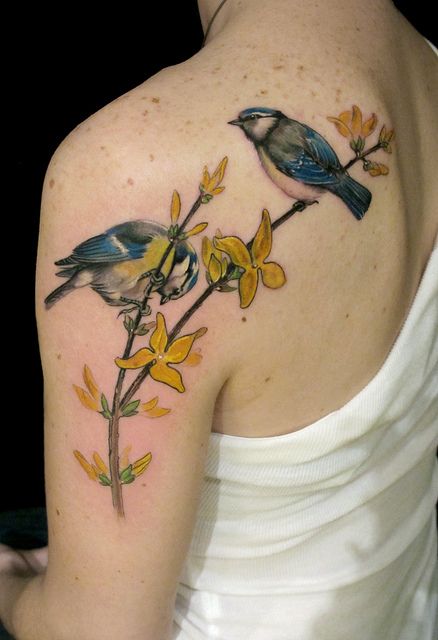 Birds on a branch tattoo by Esther Garcia