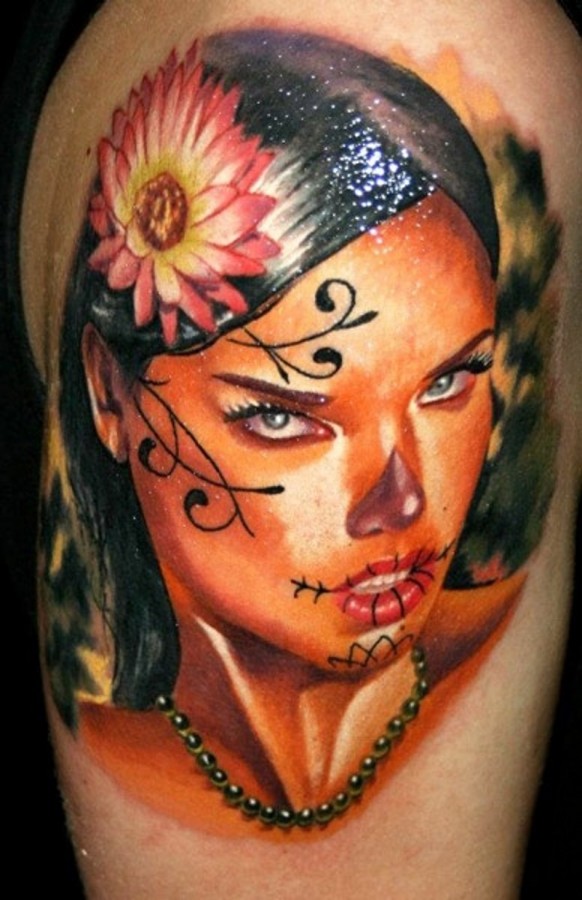 Black hair santa muerte girl with pink flower tattoo