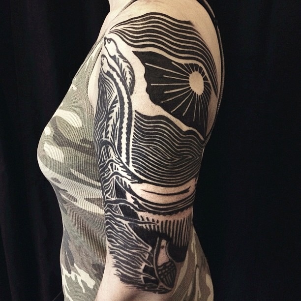 Black ink arm tattoo by David Allen