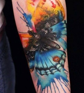 Black lace watercolor butterfly tattoo