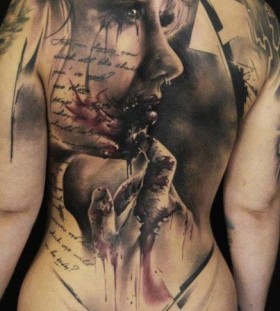 Bloody girl back tattoo by Florian Karg