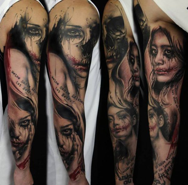 Bloody girl full arm tattoo