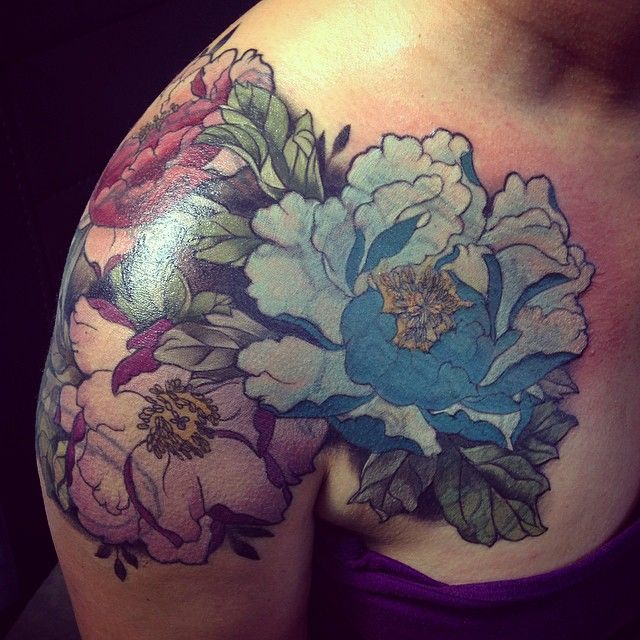 Blue and purple flowers tattoo by Alice Kendall