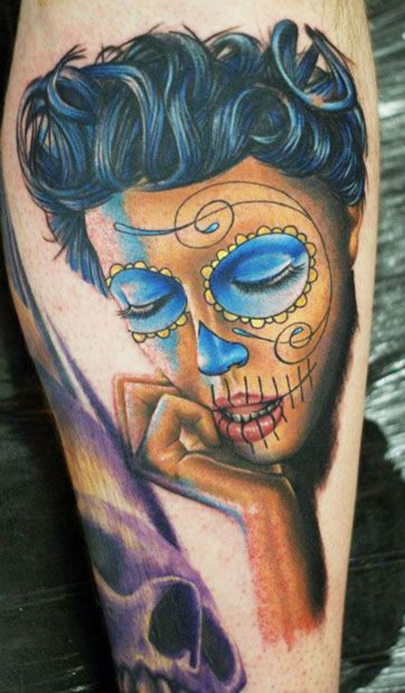 Santa Muerte tattoo with blue eyes