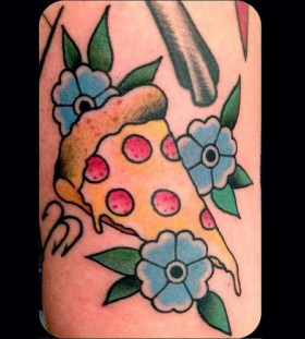 Blue flowers and pizza tattoo
