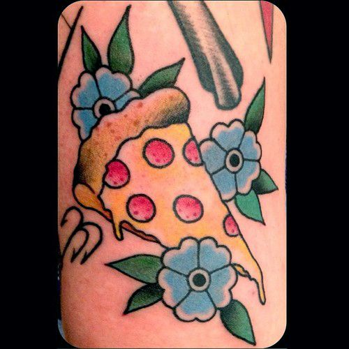 Blue flowers and pizza tattoo