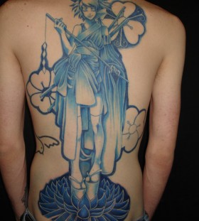 Blue girl's full back anime tattoo