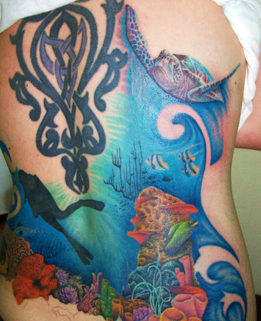Blue ocean back tattoo