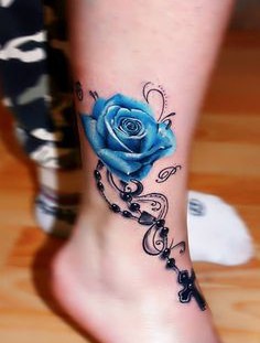 Blue rose ankle tattoo