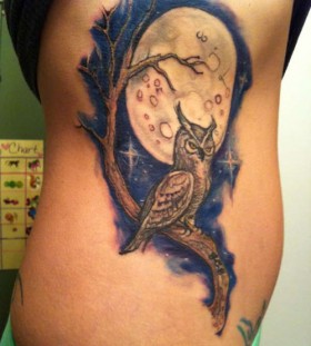 Brilliant owl on a branch tattoo