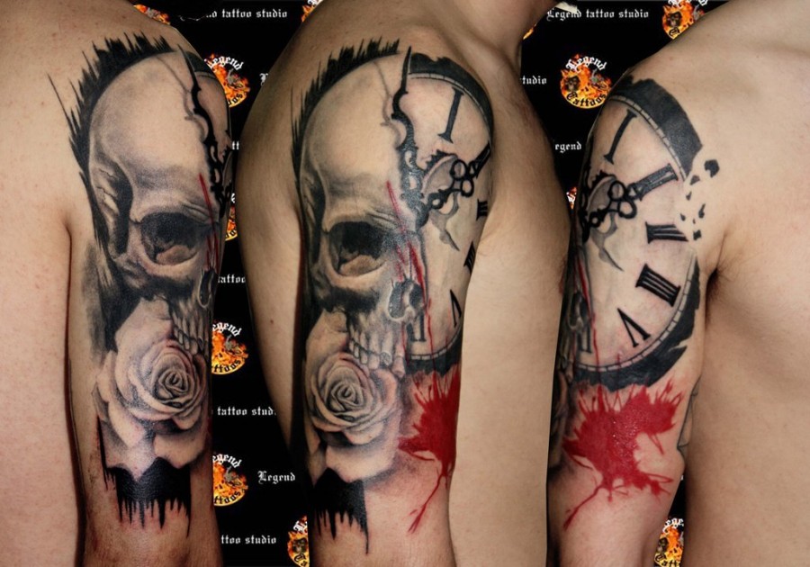 Brilliant skull clock tattoo