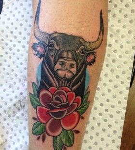 Bull and rose tattoo by Drew Shallis
