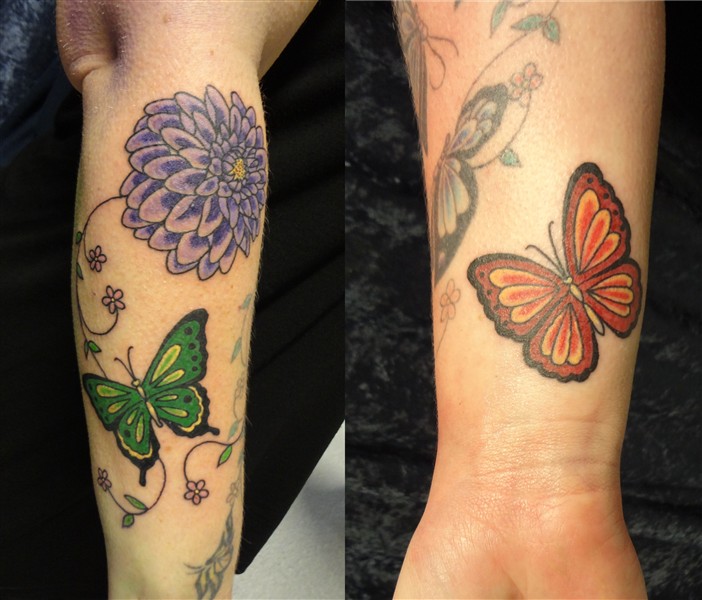 Butterfly and dahlia tattoo