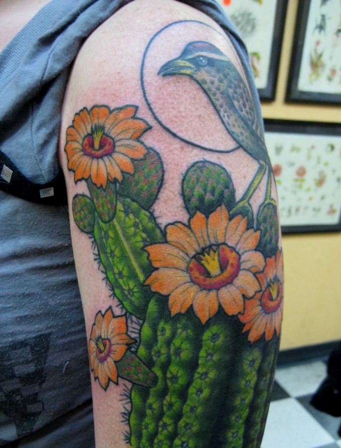 Cactus and bird tattoo