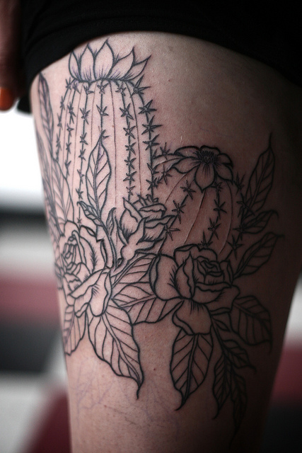 Cactus and rose leg tattoo