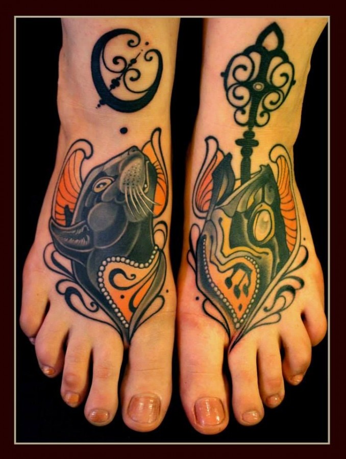 Cat and fish foot tattoos by Lars Uwe Jensen