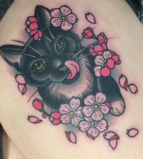 Cat and flowers tattoo by Clare Hampshire