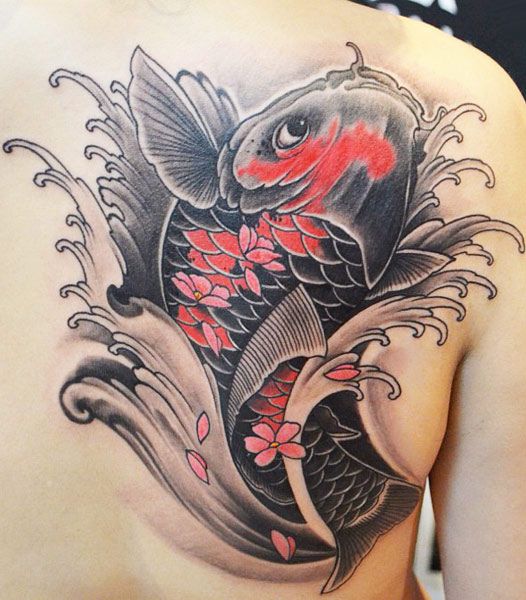 Catfish and flowers tattoo by Elvin Yong