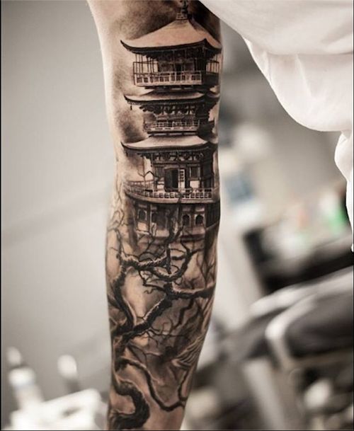 Chinese style architecture tattoo