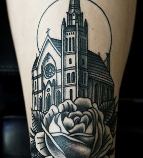 Church and rose tattoo by Philip Yarnell