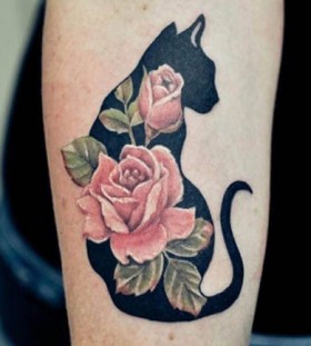 Classy cat and rose tattoo
