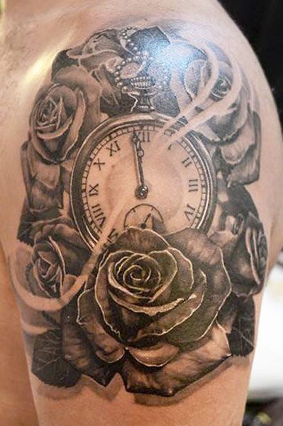 Clock and roses tattoo by Elvin Yong