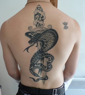 Cobra and sword back tattoo