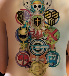 Colorful back anime tattoo