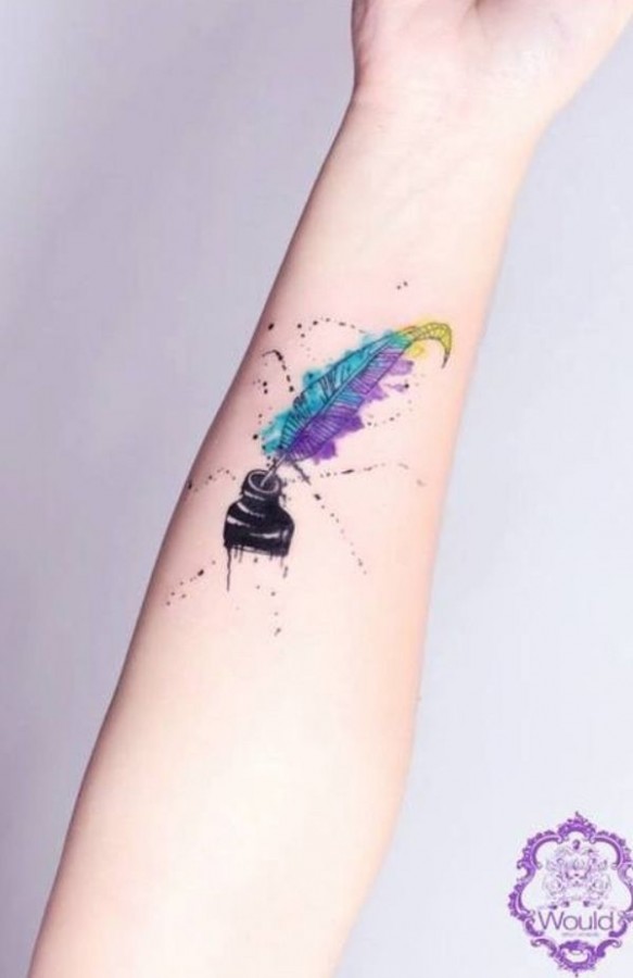 Colorful feather and black bottle tattoo