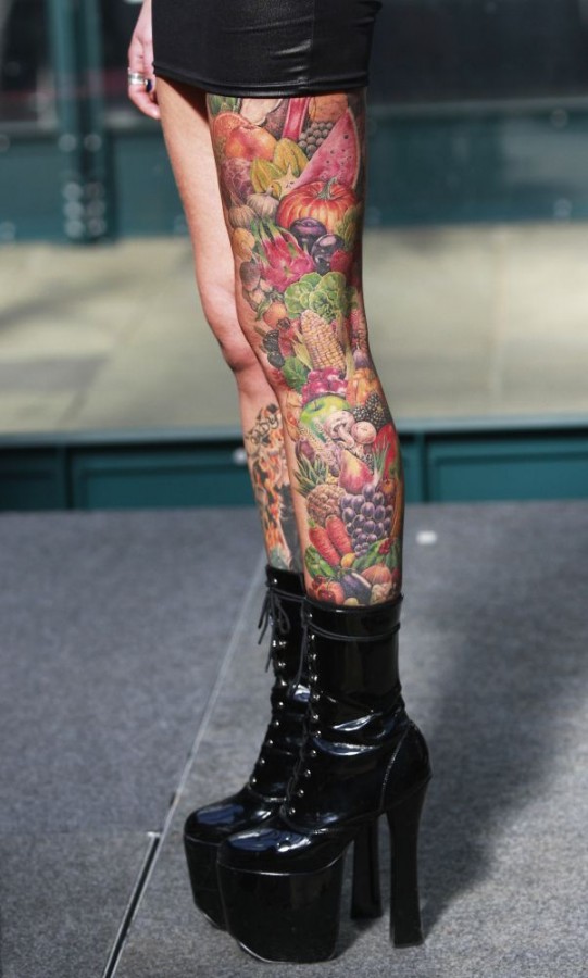 Colorful leg’s fruit tattoo