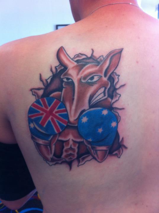 Coloured boxing kangaroo back tattoo TattooMagz